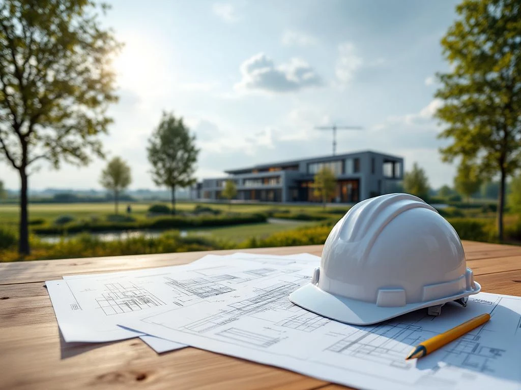 Drone-opname van bouwplannen, gele helm op tafel met moderne nieuwbouw en groene omgeving op achtergrond