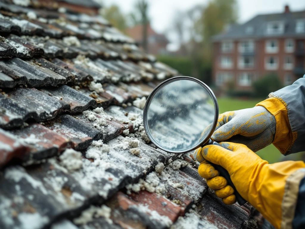 Inspecteur onderzoekt verweerde asbestdakplaten met vergrootglas in Nederlandse sociale woningbouw uit jaren 70