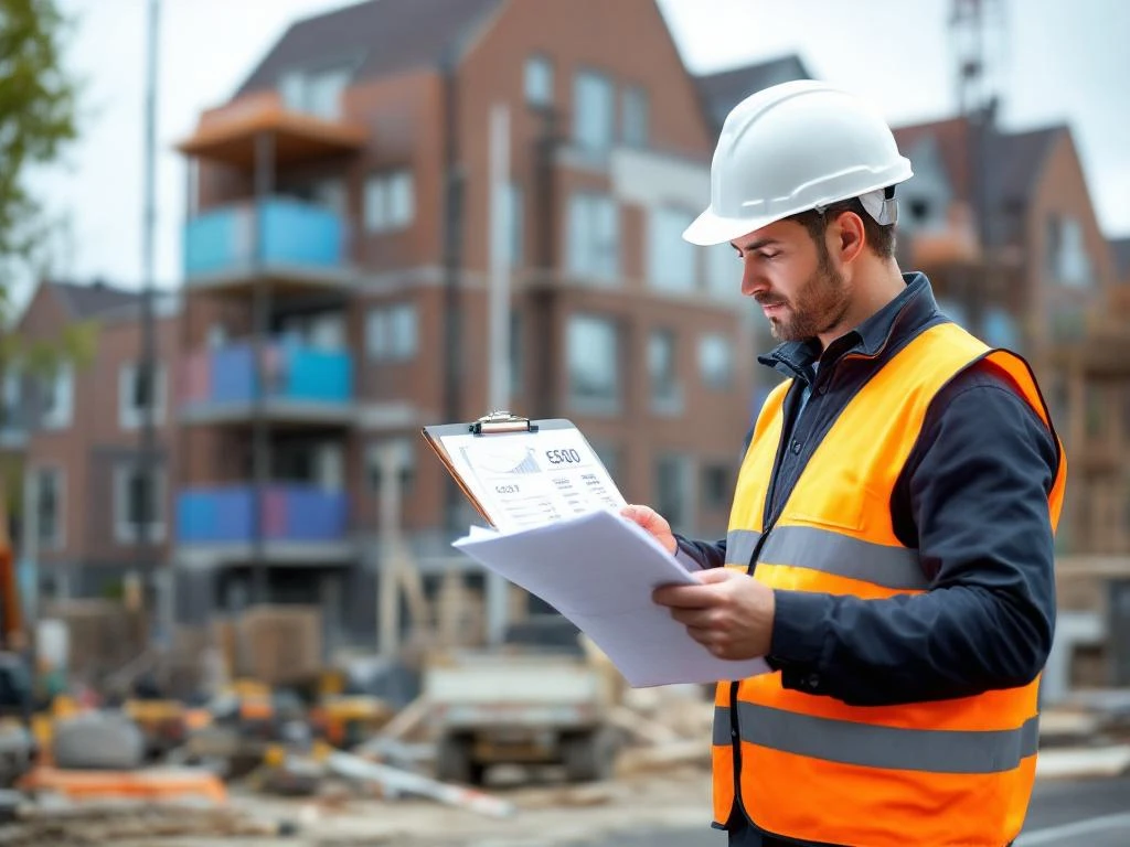 Bouwinspecteur in veiligheidsvest bekijkt blauwdrukken en kostenberekeningen op bouwplaats sociale woningbouw