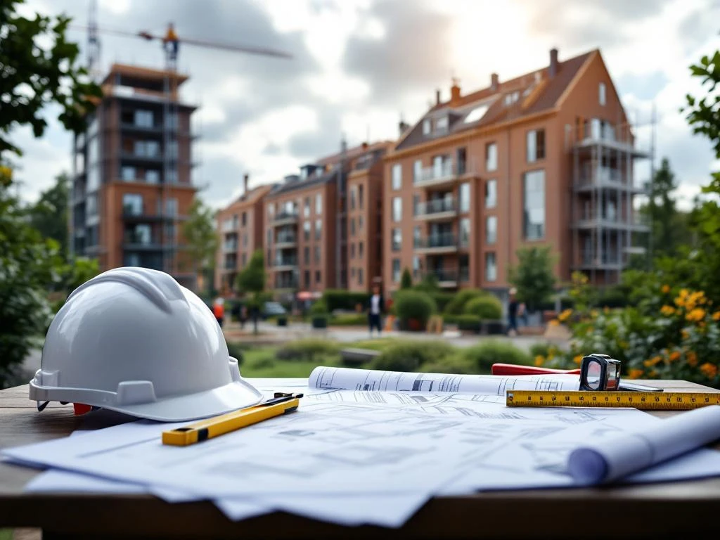 Bouwplannen en documenten op tafel met helm, op achtergrond Nederlandse sociale woningbouw in aanbouw met steigering