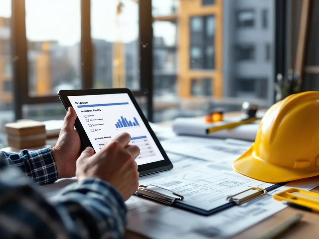 Bouwtoezichthouder met tablet toont inspectieresultaten boven blauwdrukken, helm en meetgereedschap op bureau