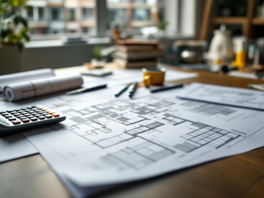 Bouwkundige tekeningen en onderhoudskosten berekeningen voor Nederlandse sociale woningbouw op houten bureau met rekenmachine