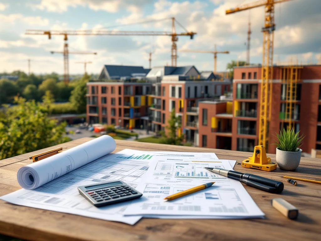 Luchtfoto van Nederlandse bouwplaats met blauwdrukken, kostenberekeningen en sociale woningbouw in aanbouw met hijskranen
