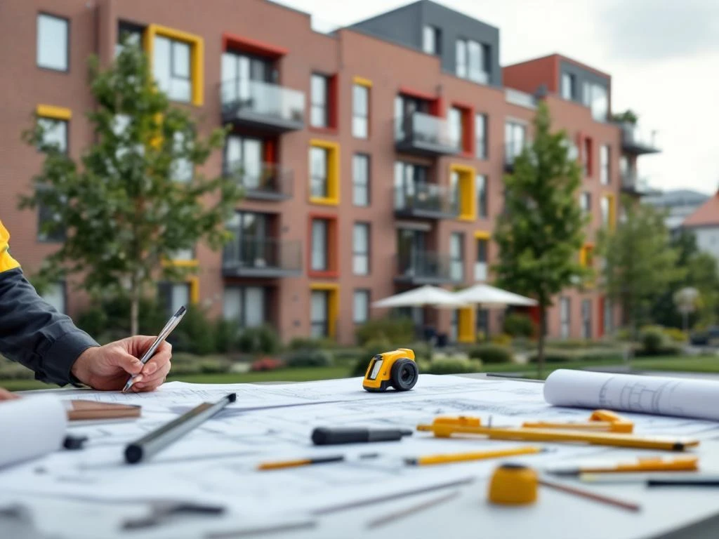 Bouwkundig adviseur bestudeert blauwdrukken met moderne Nederlandse sociale woningbouw op de achtergrond