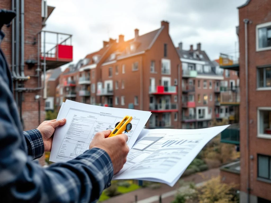 Bouwkundig adviseur inspecteert Nederlands sociale woningbouw complex met technische documenten en meetgereedschap
