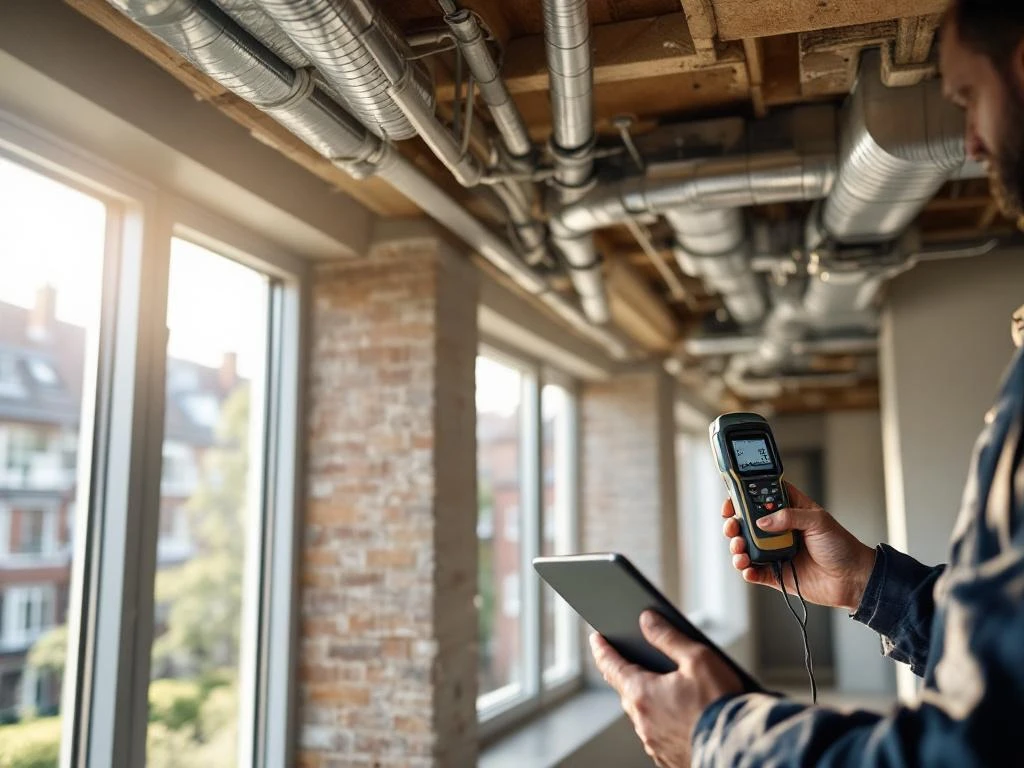 Bouwkundig adviseur inspecteert plafondinstallaties met vochtmeter en tablet in Nederlands sociaal wooncomplex