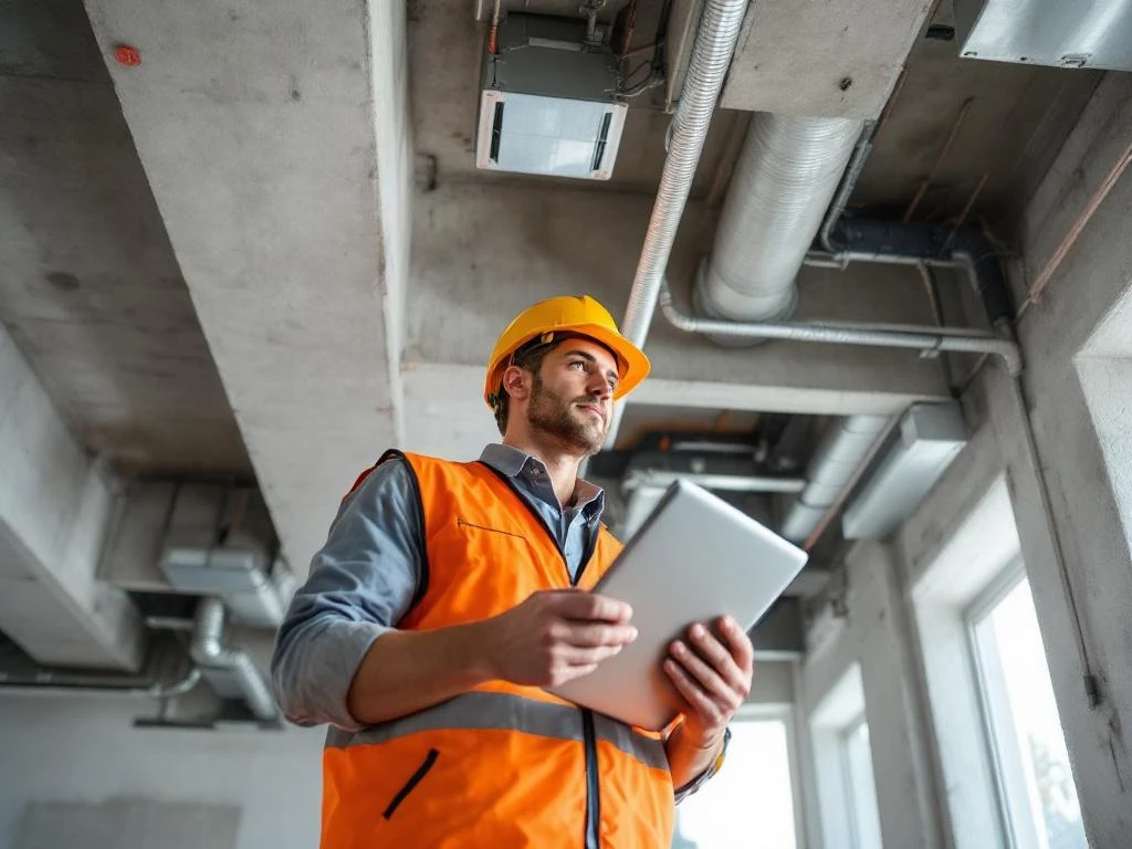 Bouwkundige inspecteur met tablet documenterend plafondconstructie met ventilatie en elektrische installaties in woning