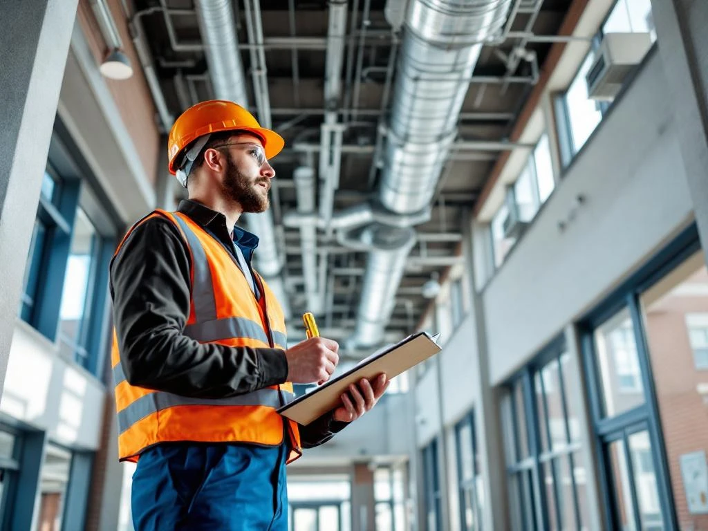 Bouwkundige inspecteur met veiligheidsuitrusting inspecteert plafond en ventilatie in moderne Nederlandse schoolruimte