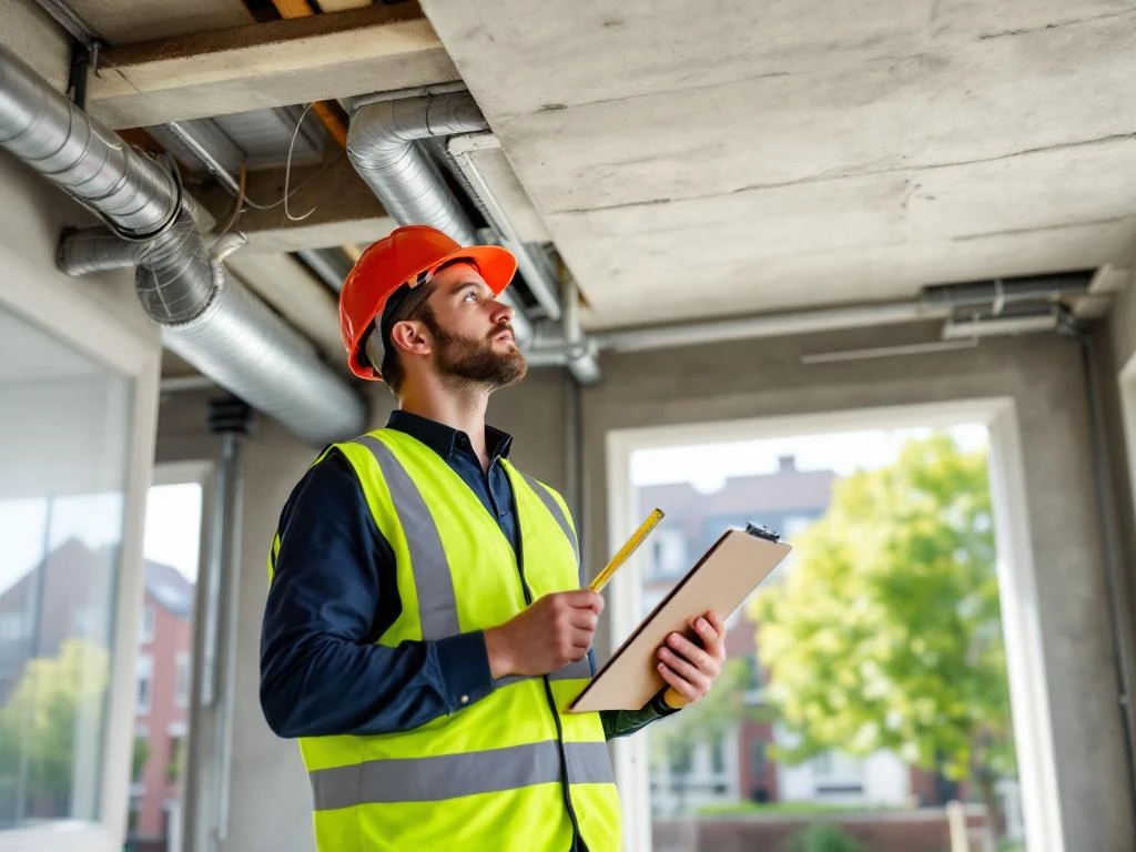 Bouwkundige inspecteur in hesje inspecteert plafond en ventilatie van Nederlandse sociale woningbouw complex