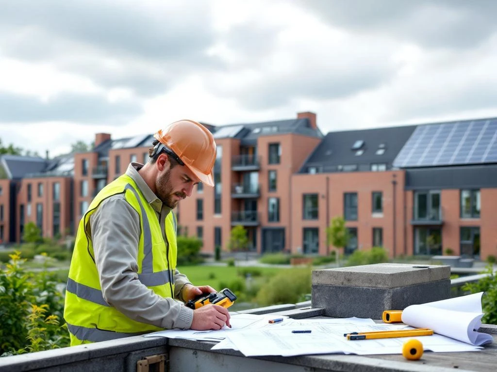 Bouwkundige inspecteur met helm inspecteert moderne sociale woningbouw in Nederland met meetapparatuur en blauwdrukken