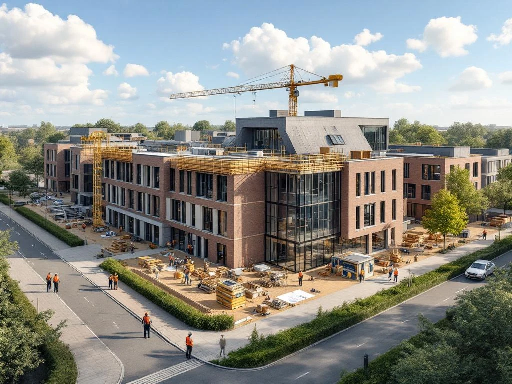 Luchtfoto van moderne Nederlandse schoolbouw in aanbouw met bouwvakkers die blauwdrukken bespreken bij bakstenen gebouw