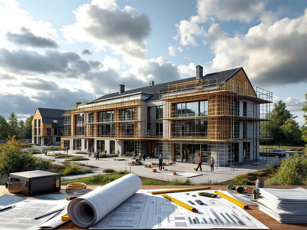 Luchtfoto van moderne Nederlandse schoolbouw in aanbouw met steigers, bouwmaterialen en architectonische plannen