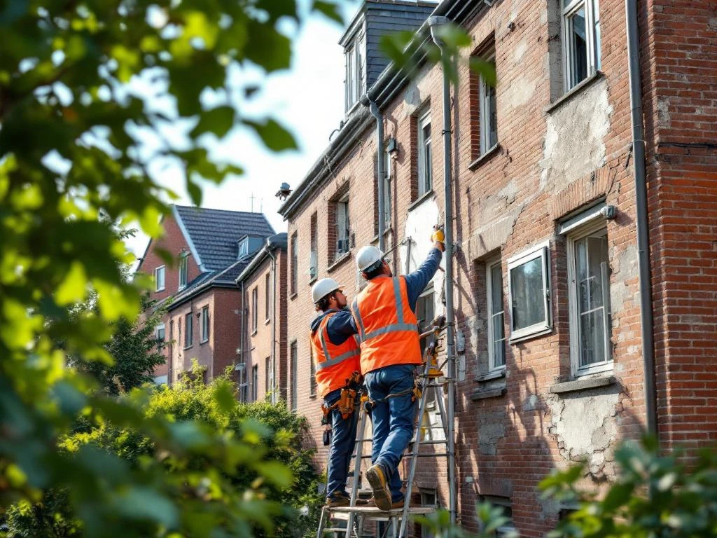 Bouwvakkers inspecteren metselwerk en voegen van sociaal wooncomplex tijdens onderhoudswerk met steigers