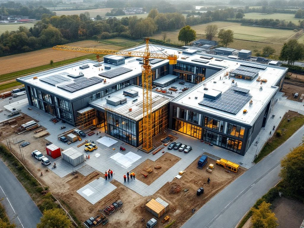 Luchtfoto van moderne Nederlandse utiliteitsgebouw in aanbouw met projectmanagers die blauwdrukken bekijken