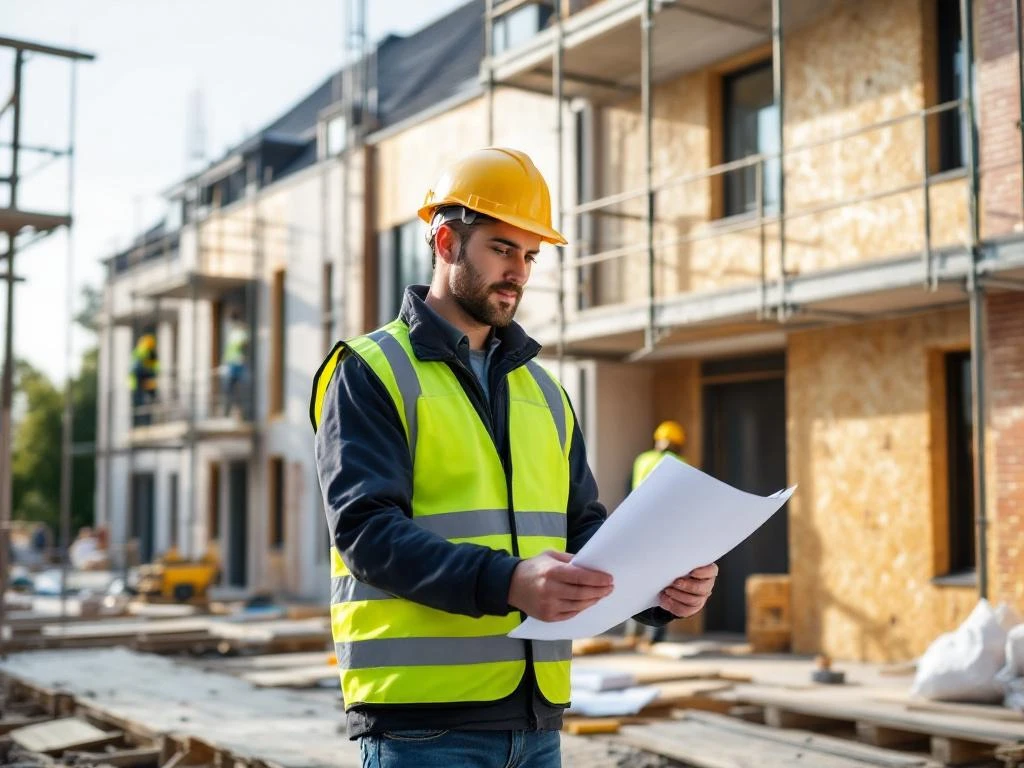 Kwaliteitstoezichthouder in veiligheidsvest controleert bouwplannen tijdens isolatiewerkzaamheden op sociale woningbouw