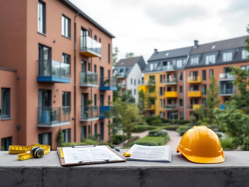 Moderne Nederlandse sociale woningbouw met inspectiedocumenten op klembord tijdens bouwtoezicht fase