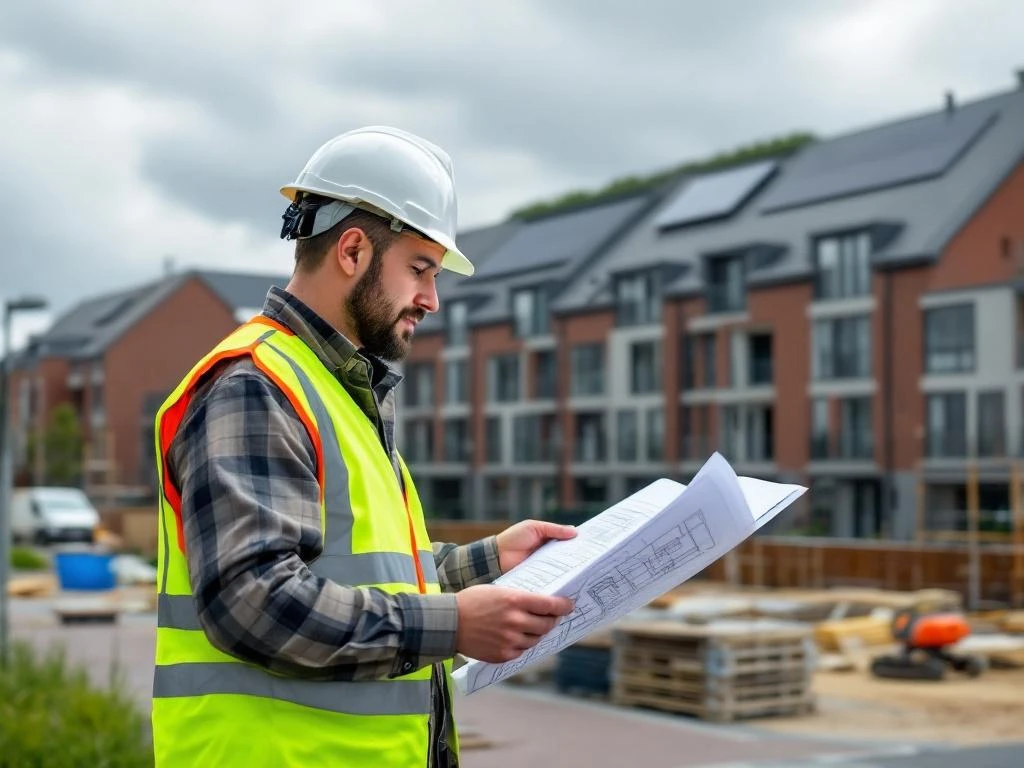 Bouwopzichter in hesje bekijkt blauwdrukken bij Nederlandse sociale woningbouw met zonnepanelen en groene daken