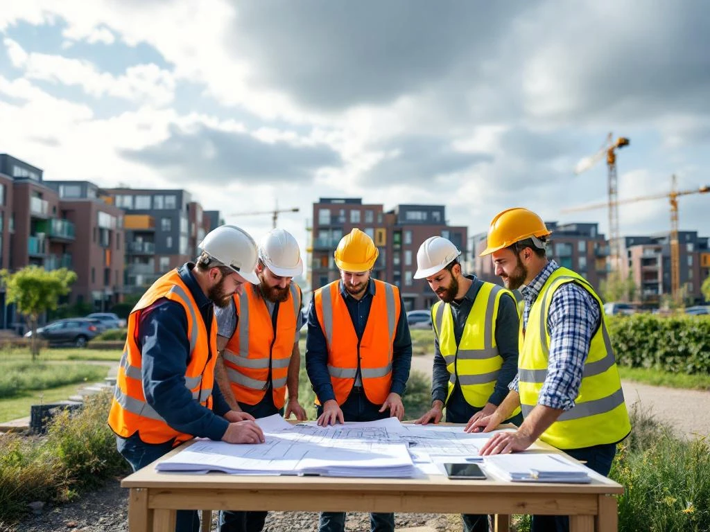 Aannemers in helmen bestuderen bouwplannen op bouwplaats met Nederlandse sociale woningbouw en hijskranen op achtergrond