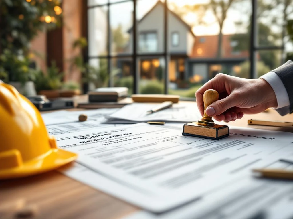 Bouwvergunningsdocumenten op bureau met stempel en Nederlandse woning renovatie op achtergrond