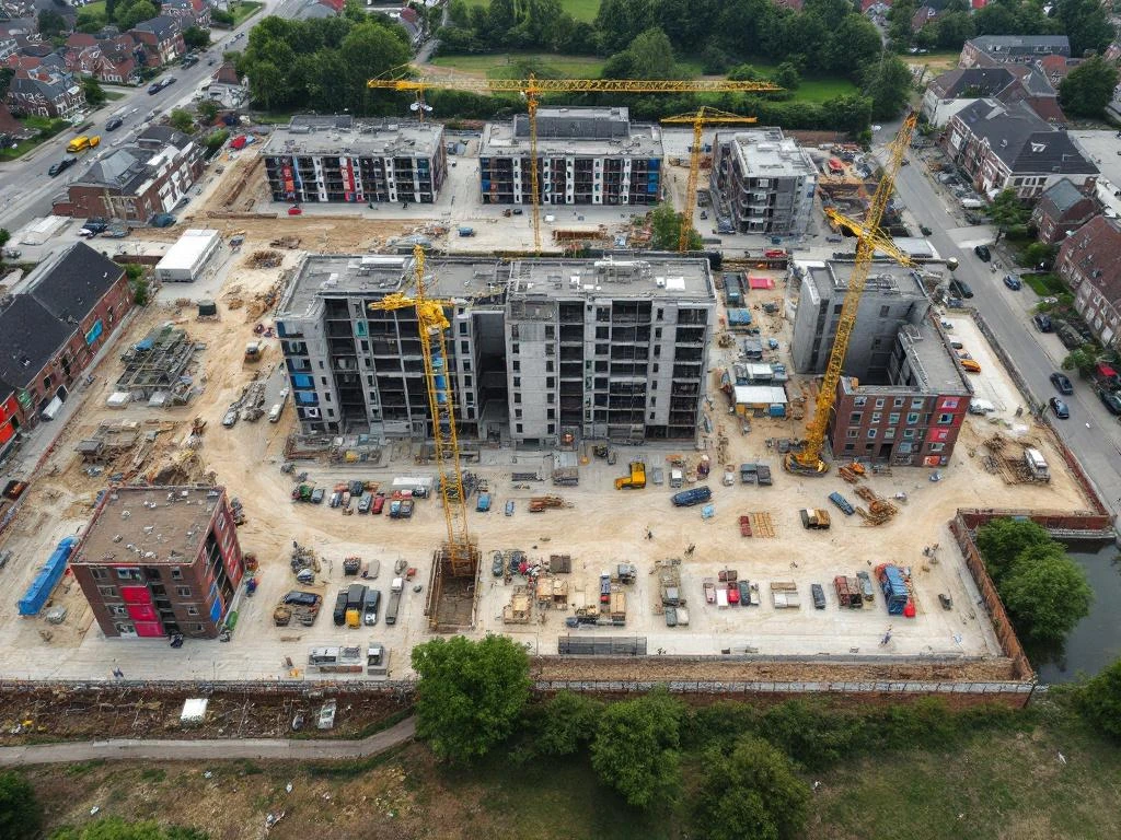 Luchtfoto van Nederlandse bouwplaats met sociale woningbouw, kranen en verschillende bouwfasen in Noord-Nederland