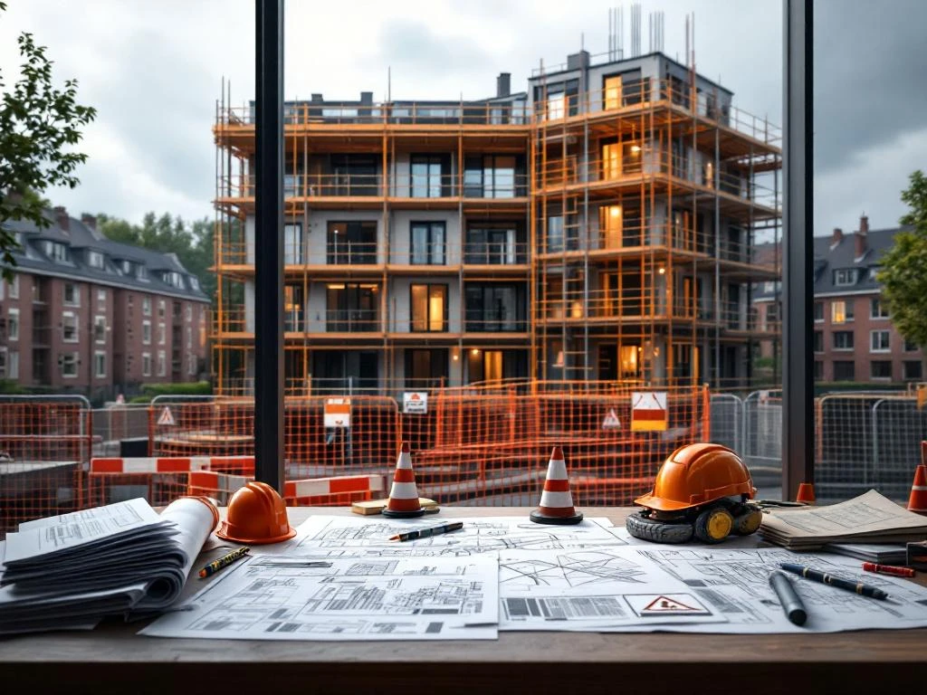 Nederlandse bouwplaats met steigers rond sociale woningbouw, technische tekeningen en veiligheidsdocumentatie op werktafel