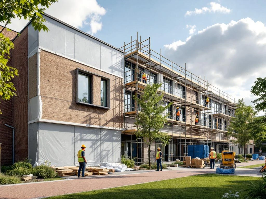 Nederlandse schoolrenovatie met steigers, bouwvakkers in veiligheidskleding inspecteren moderne onderwijsfaciliteit