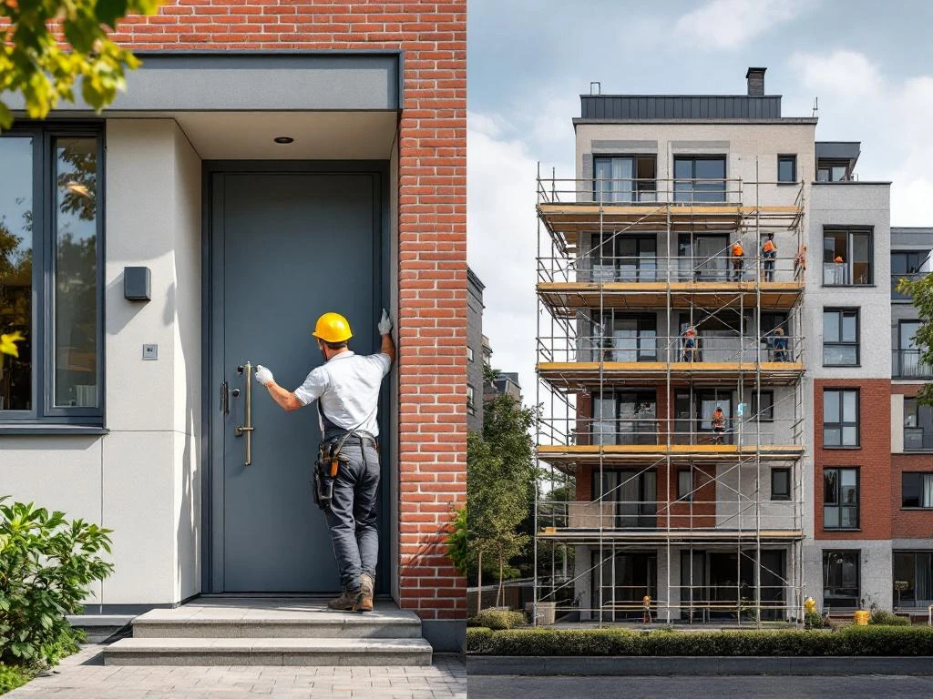 Vergelijking klein onderhoud (deurknop vervangen) versus groot onderhoud (renovatie met steiger) Nederlandse sociale woningbouw
