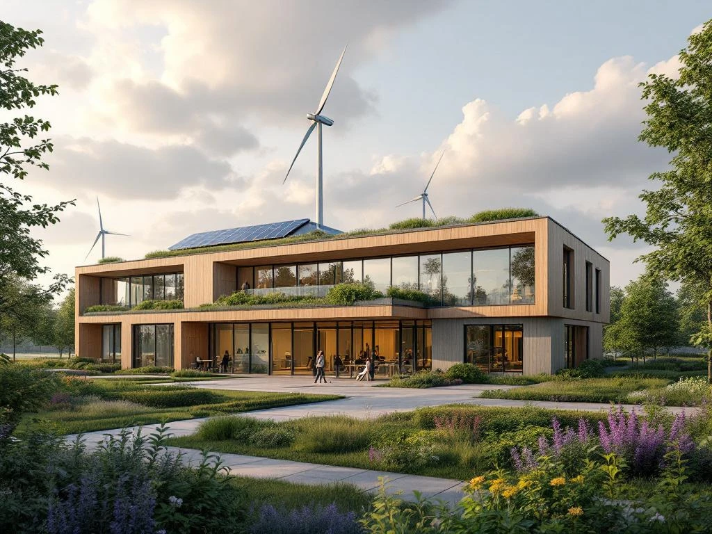 Modern duurzaam zorgcentrum in Noord-Nederland met groene daken, zonnepanelen en houten gevelbekleding