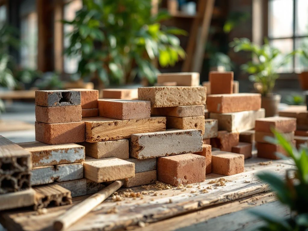 Duurzame bouwmaterialen op houten tafel: CLT-planken, gerecycled staal, hennep isolatie, hergebruikte bakstenen, bamboe