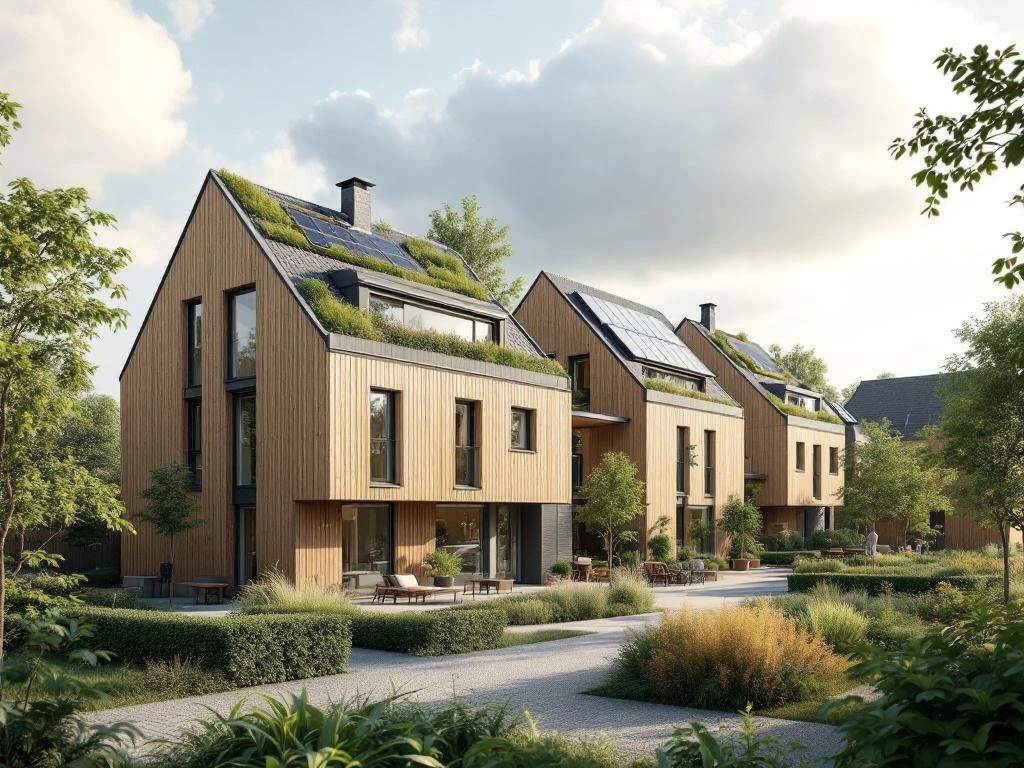 Moderne duurzame woningbouw in Nederland met groene daken, zonnepanelen en natuurlijke materialen