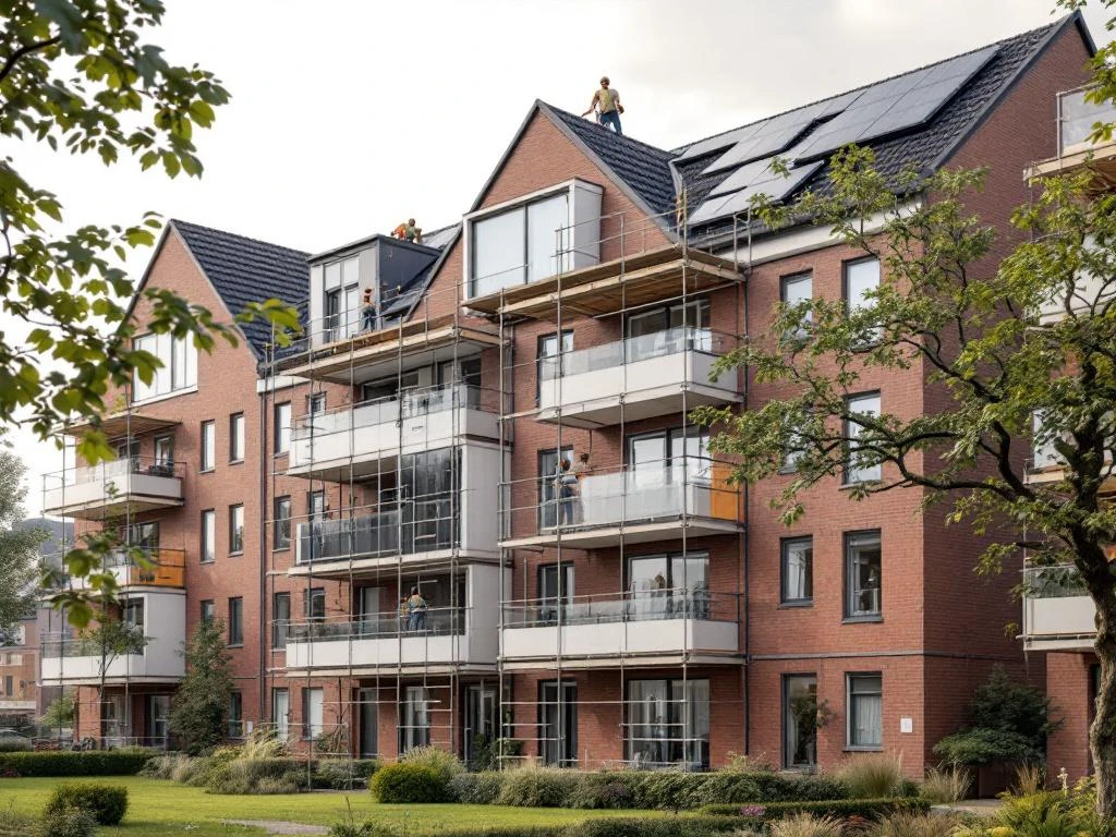 Duurzame renovatie van Nederlands appartementencomplex uit jaren 70 met zonnepanelen en isolatiepanelen in aanbouw
