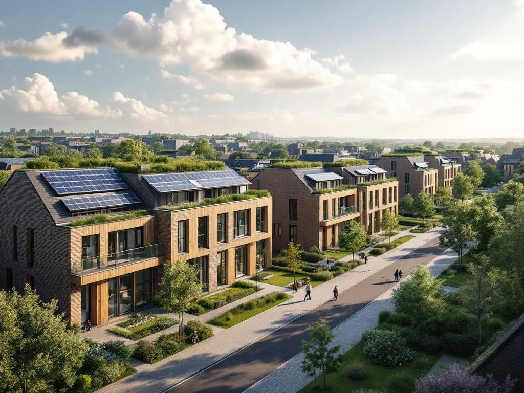 Luchtfoto van moderne duurzame sociale woningbouw in Noord-Nederland met groene daken, zonnepanelen en fietspaden