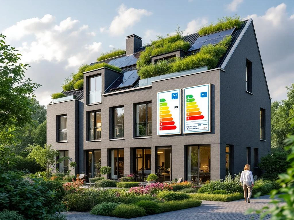 Modern Nederlands woongebouw met energielabel, zonnepanelen en groene dak onder bewolkte hemel