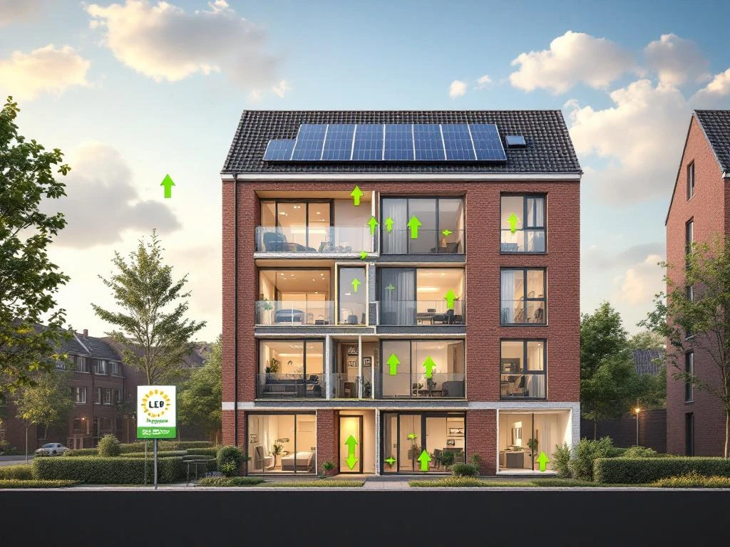 Dwarsdoorsnede van Nederlands sociaal woningbouw appartementengebouw met isolatie, zonnepanelen en energielabel verbeteringen
