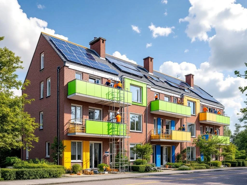 Arbeiders installeren groene isolatiepanelen op Nederlandse bakstenen flat met zonnepanelen en nieuwe ramen