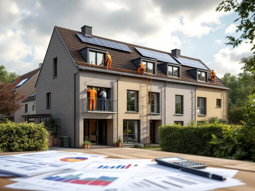 Nederlandse sociale woningbouw met energierenovatie: zonnepanelen installatie, isolatie werk en subsidiedocumenten