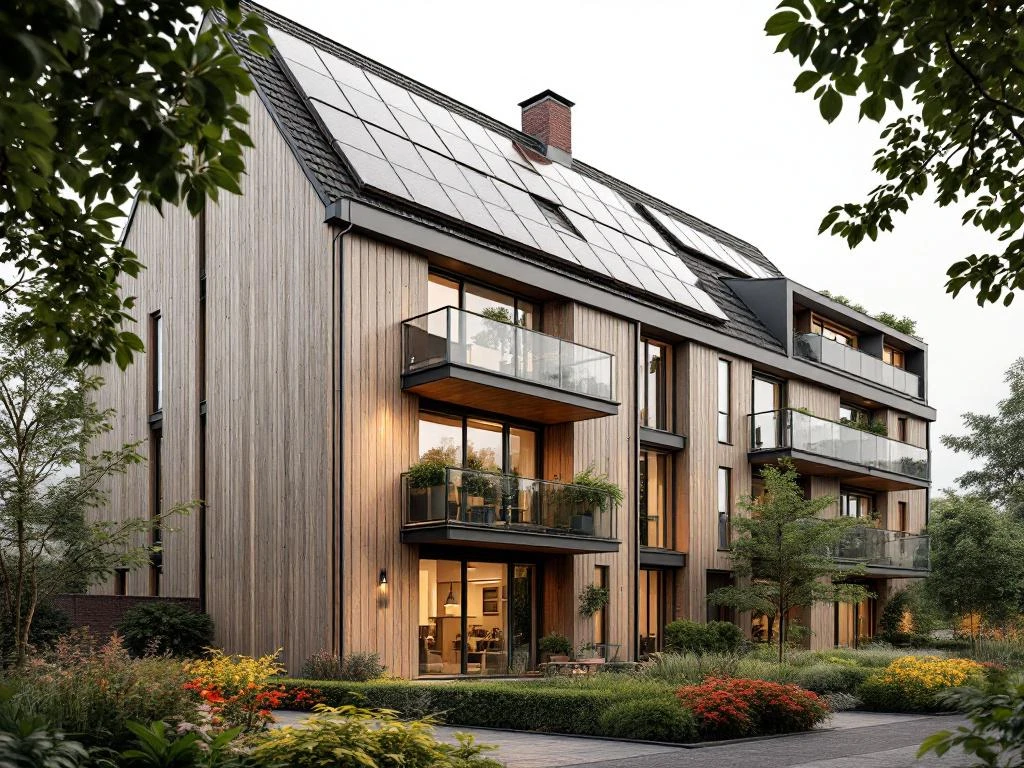 Moderne Nederlandse woning met zonnepanelen, driedubbel glas en duurzame materialen tegen bewolkte hemel