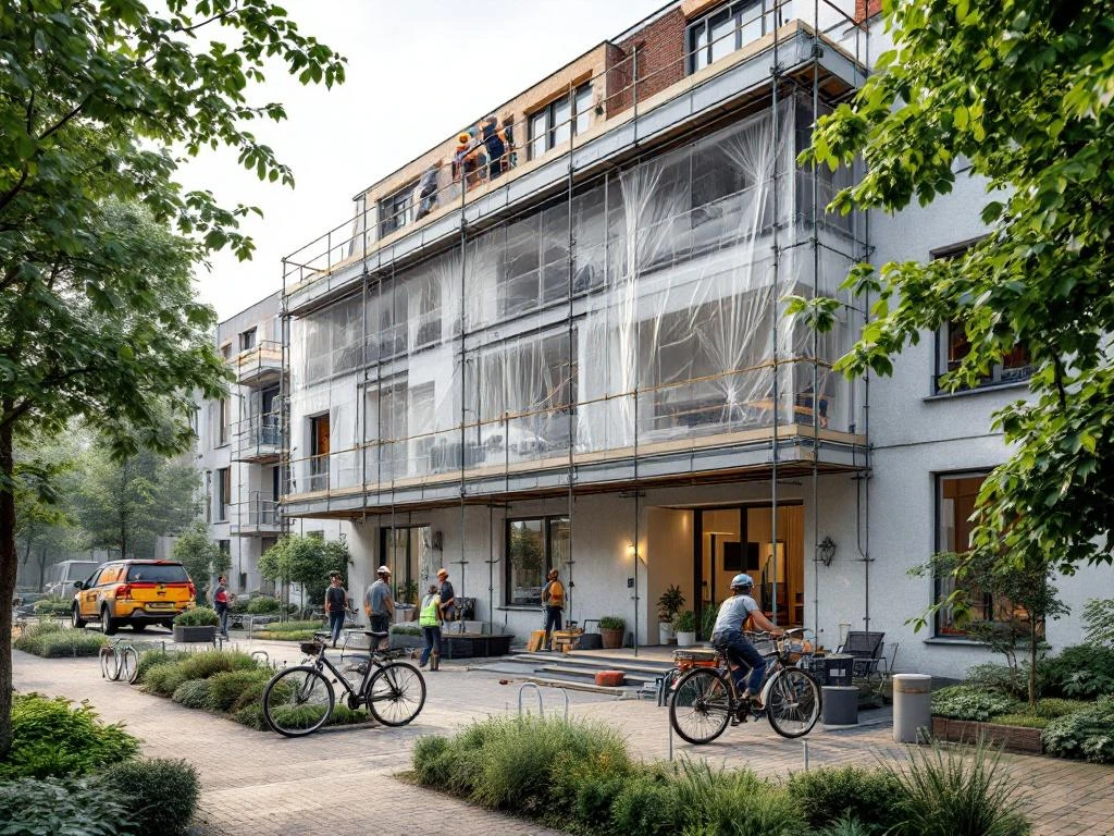 Renovatie van Nederlandse galerijflat met steigers en geluidsisolatie, bewoners lopen door vrije paden beneden