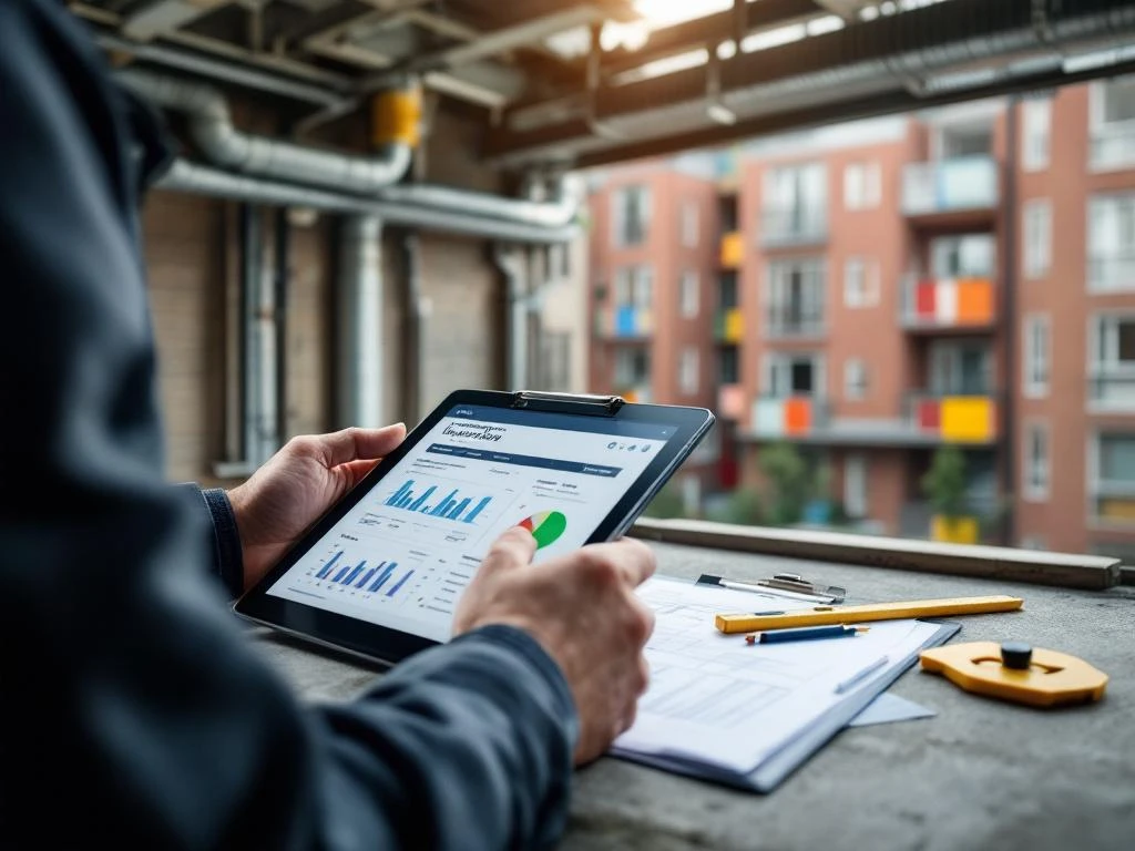 Bouwkundig inspecteur met tablet documenteert onderhoudsinspectie bij Nederlandse sociale woningbouw met rode gevels