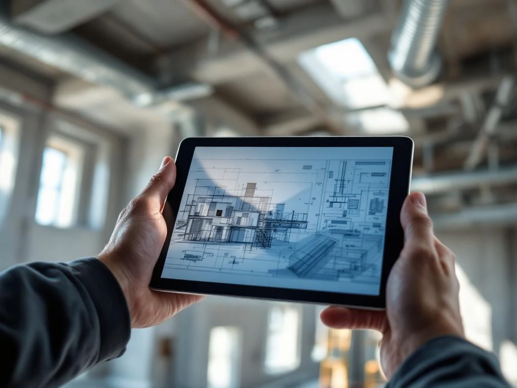 Bouwinspecteur bekijkt bouwschema's op tablet in ruimte met zichtbare betonstructuur en installatiebuizen