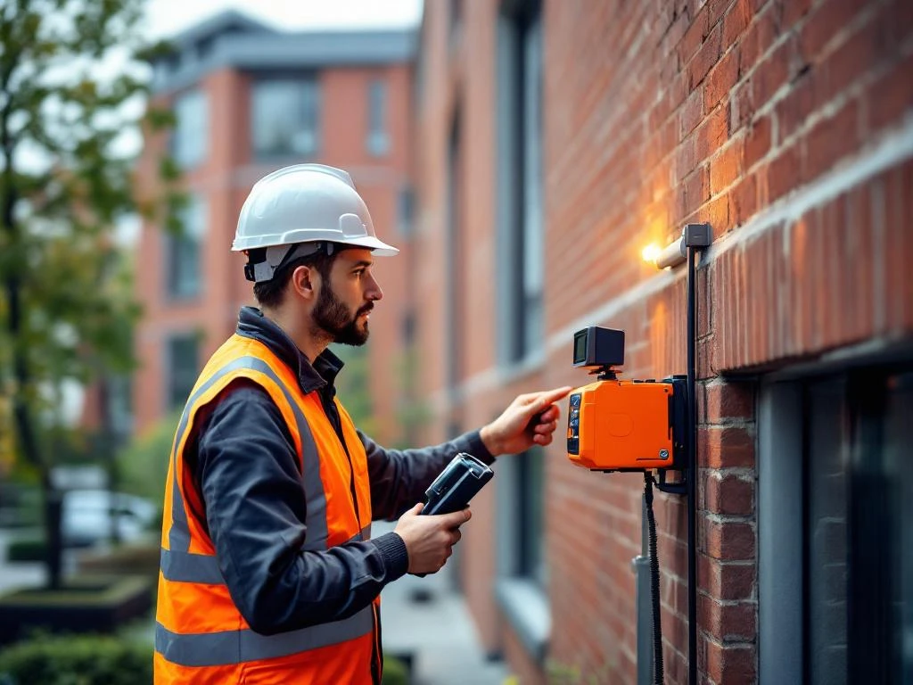 Bouwkundige inspecteur met digitaal apparaat controleert moderne Nederlandse utiliteitsbouw met rode bakstenen gevel