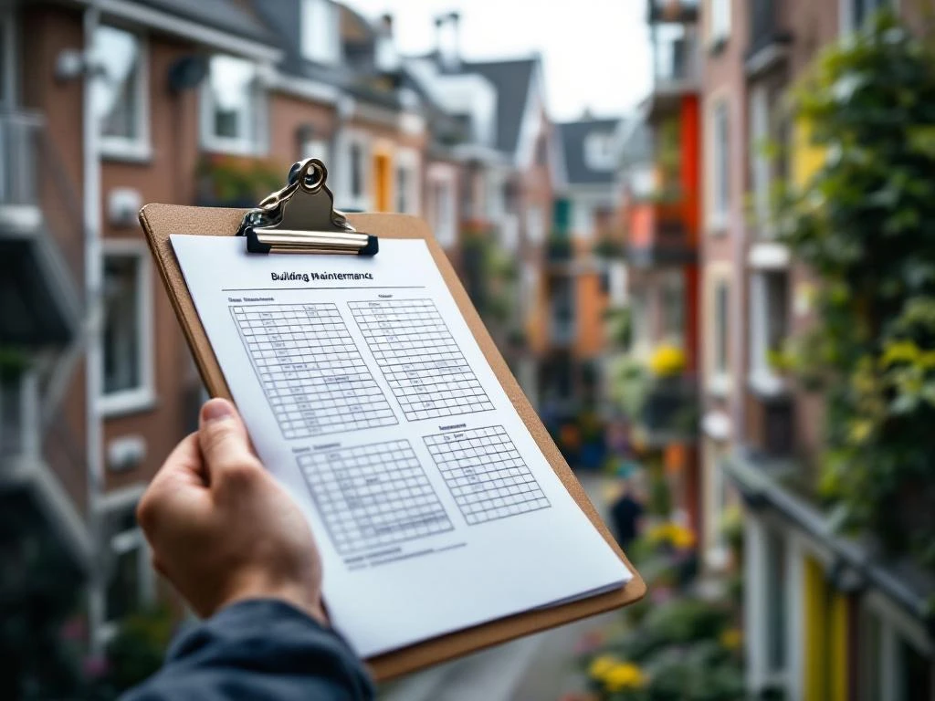 Onderhoudscontrolelijst op klembord voor Nederlandse sociale woningbouw met bakstenen gevels en galerijen