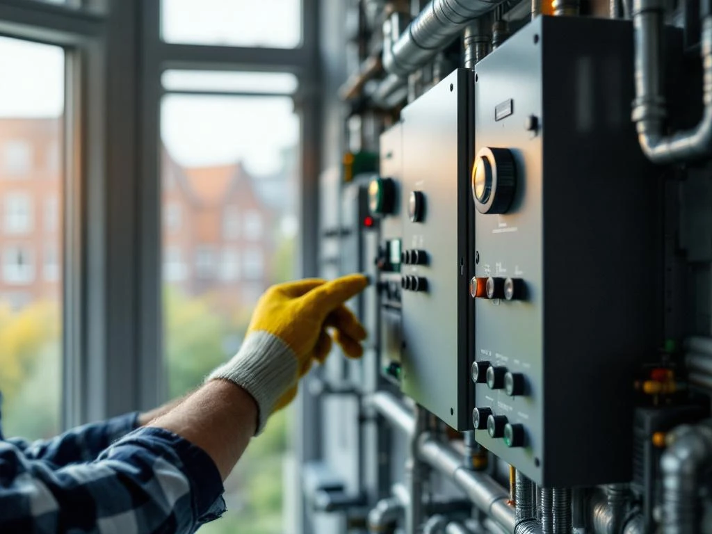 Onderhoudstechnicus past HVAC-systeem aan in Nederlandse sociale woningbouw met elektrische panelen en leidingen zichtbaar