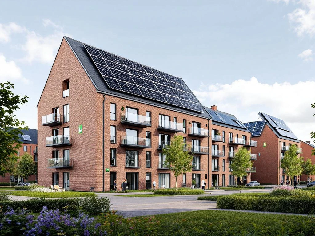 Moderne Nederlandse sociale woningbouw met zonnepanelen, driedubbel glas en isolatie in Noord-Nederland landschap