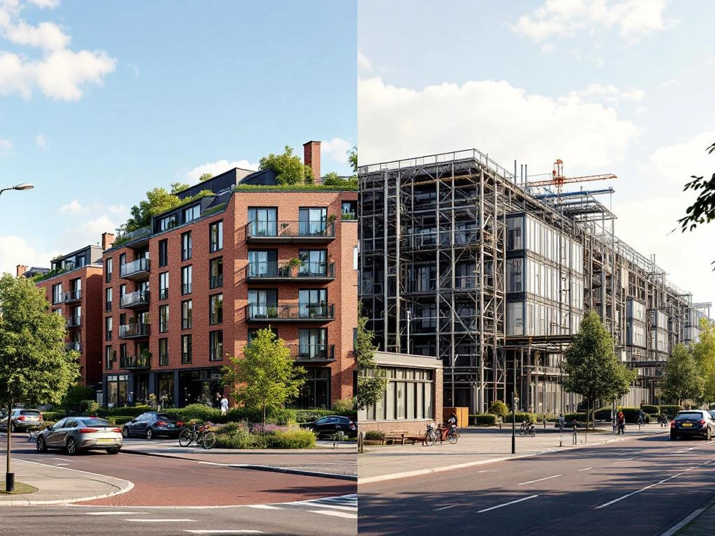 Vergelijking van Nederlandse architectuur: moderne sociale woningbouw met bakstenen gevels naast industrieel kantoorgebouw
