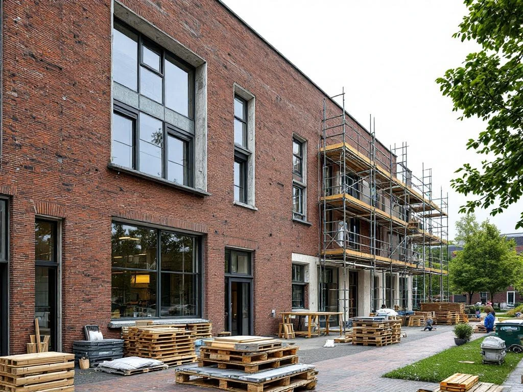 Nederlandse schoolgebouw uit jaren 70 tijdens renovatie met steigers, nieuwe ramen en isolatiepanelen op groene campus