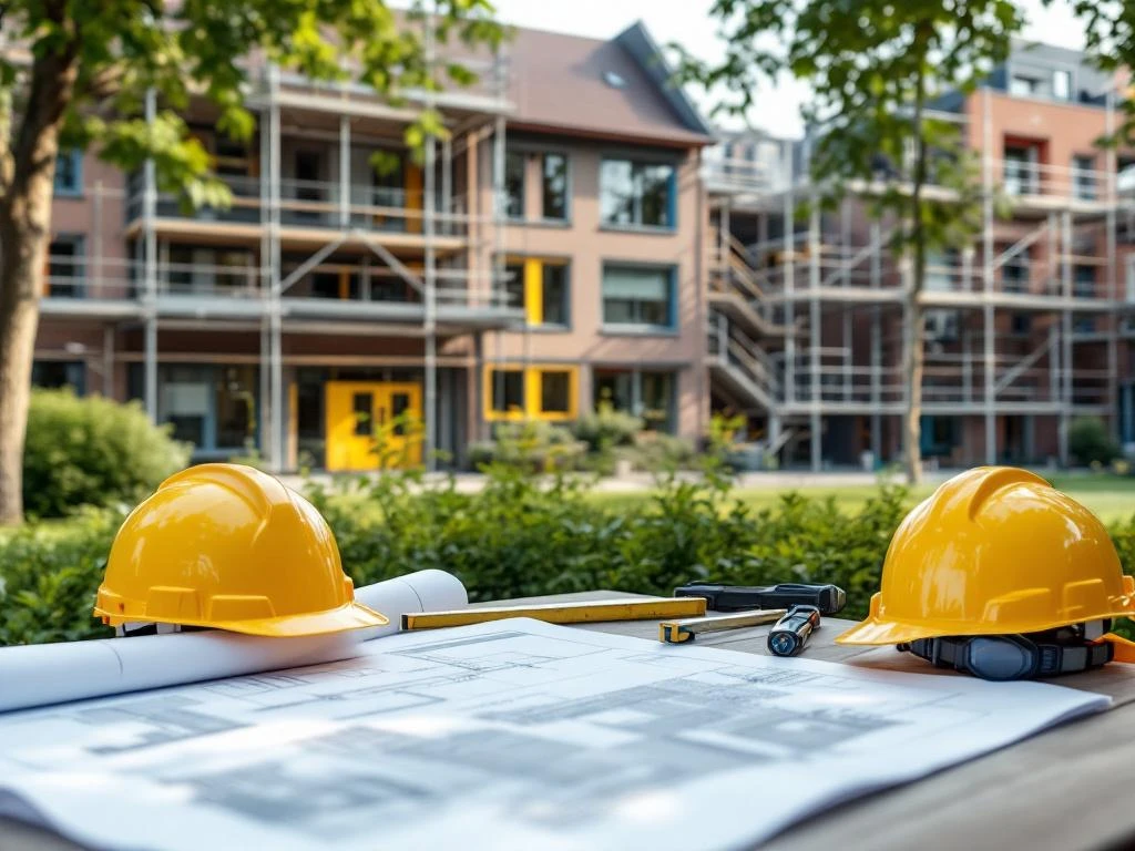 Nederlandse schoolrenovatie met bouwplannen op tafel, steigers rond bakstenen gebouw met kleurrijke raamkozijnen