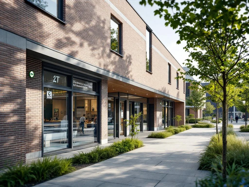 Moderne Nederlandse schoolgebouw met veiligheidsvoorzieningen, nooduitgangen, toegankelijke hellingen en verlichte paden