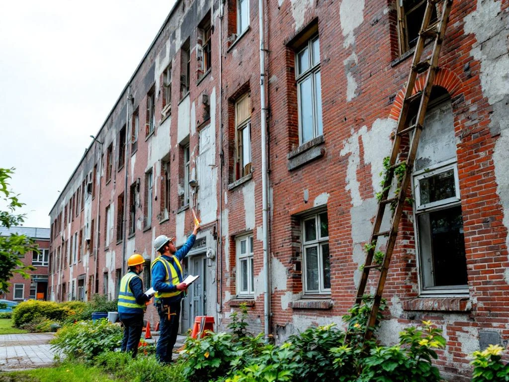 Nederlandse schoolgebouw uit jaren '70 met verweerde bakstenen gevel en onderhoudsmedewerkers die de staat inspecteren