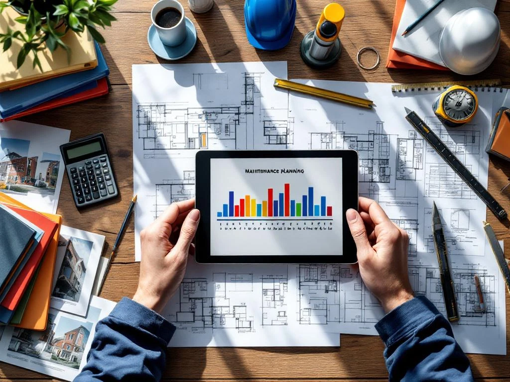Bovenaanzicht werkplek bouwmanagement met Nederlandse sociale woningbouw blauwdrukken, tablet met onderhoudsplanning en gereedschap